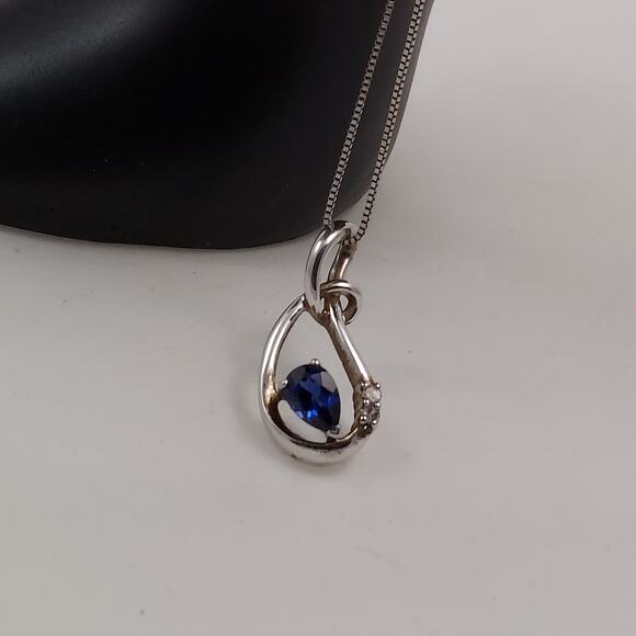 Blue Sapphire & Diamond Teardrop Knot Pendant Necklace Sterling 18" Chain 925 - Picture 3 of 10